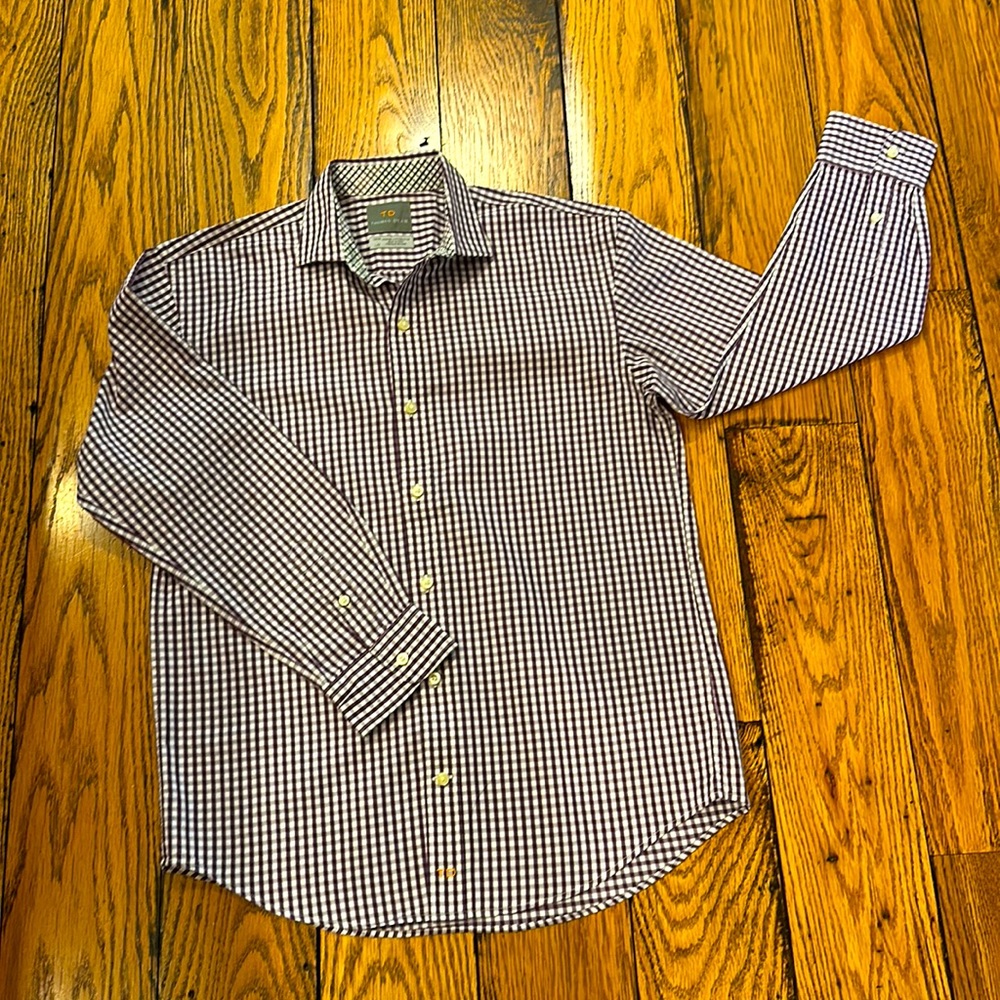 THOMAS DEAN BOYS PURPLE & WHITE COTTON DRESS SHIRT WITH CONTRASTING NECK & CUFFS